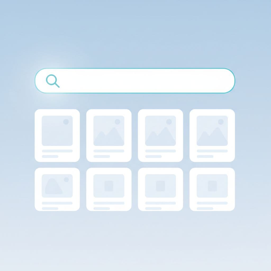 A clean, stylized web interface features a magnifying glass icon and organized search result cards.