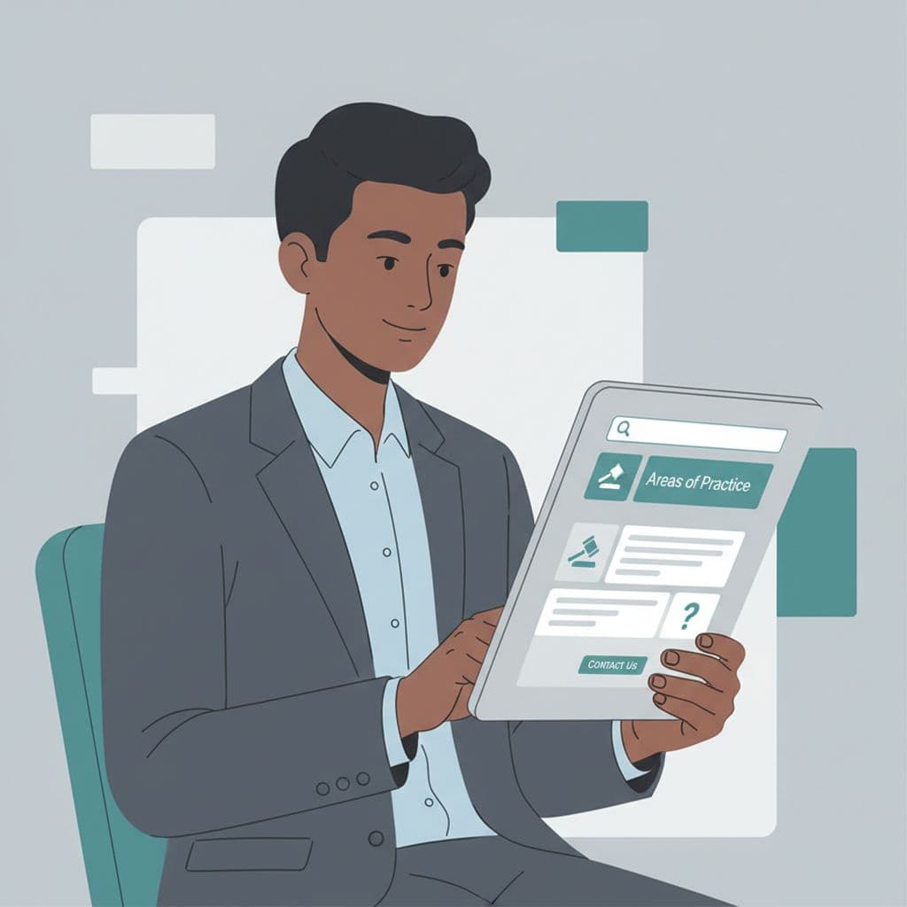 A professional uses a tablet to navigate a clean and modern law firm website interface.