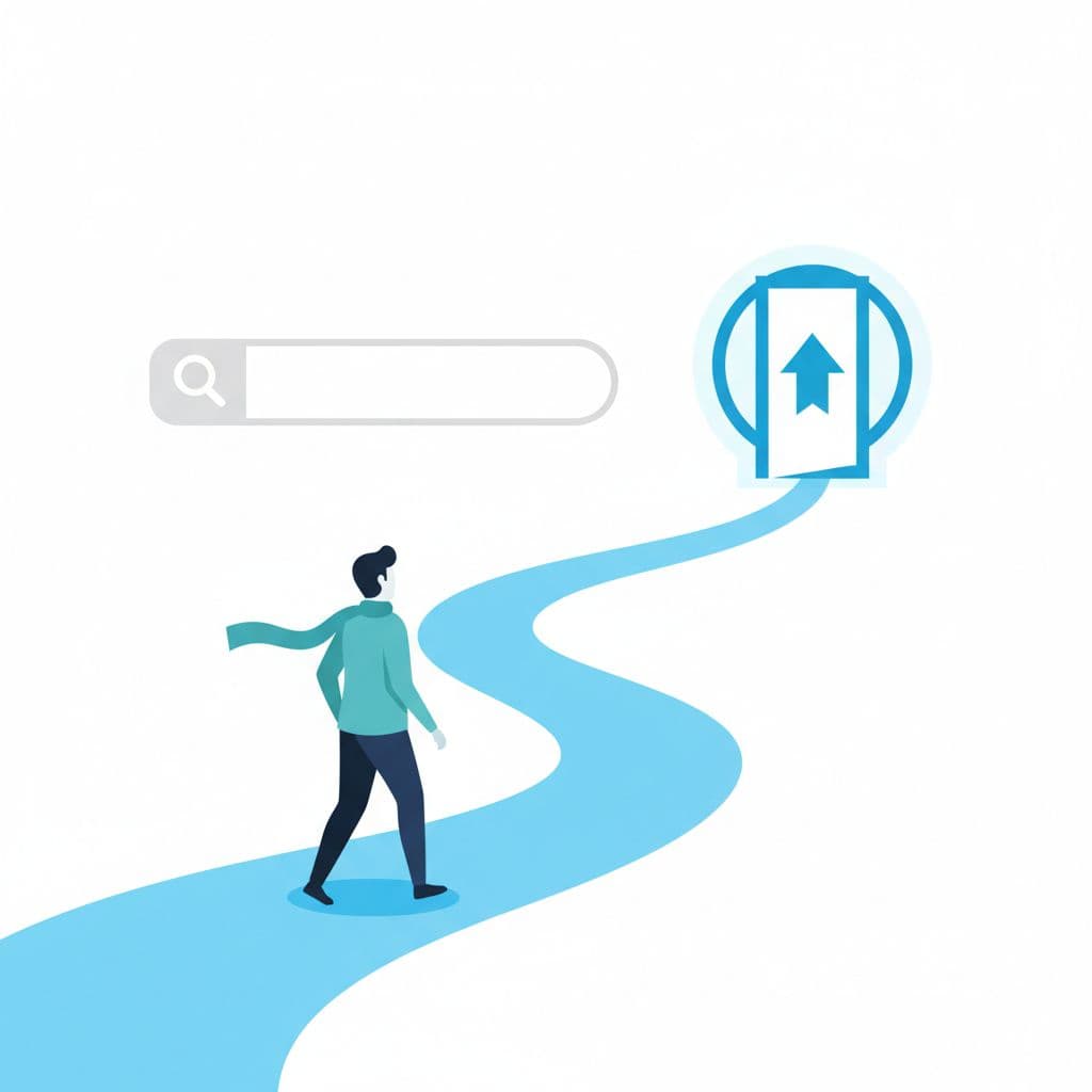 A person walks along a path transforming from a search bar into a clear destination.