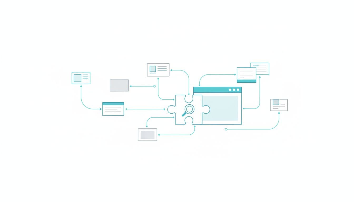 A puzzle piece representing a search query fits seamlessly into a network of interconnected content blocks.