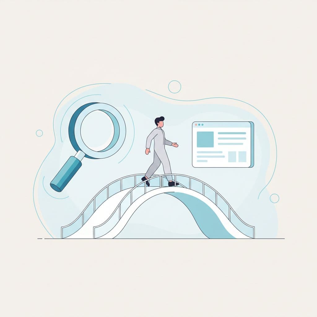 A person walks across a bridge connecting a floating search icon to a clean landing page.