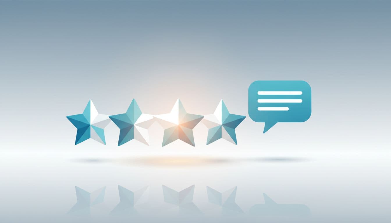 A stylized star rating and speech bubble icon rest on a flat surface with warm lighting.