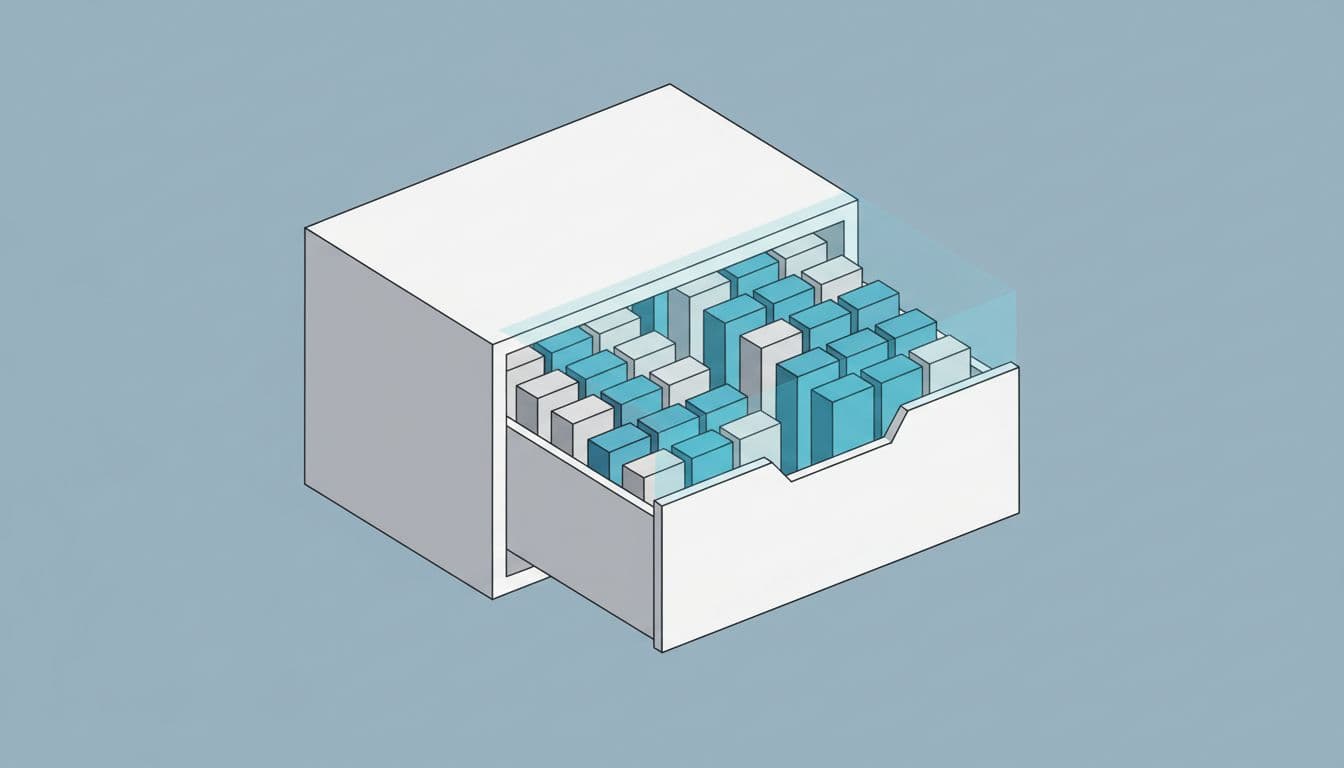 A minimalist illustration of structured data blocks inside a filing system, representing high Content Extractability for Generative Engine Optimization.