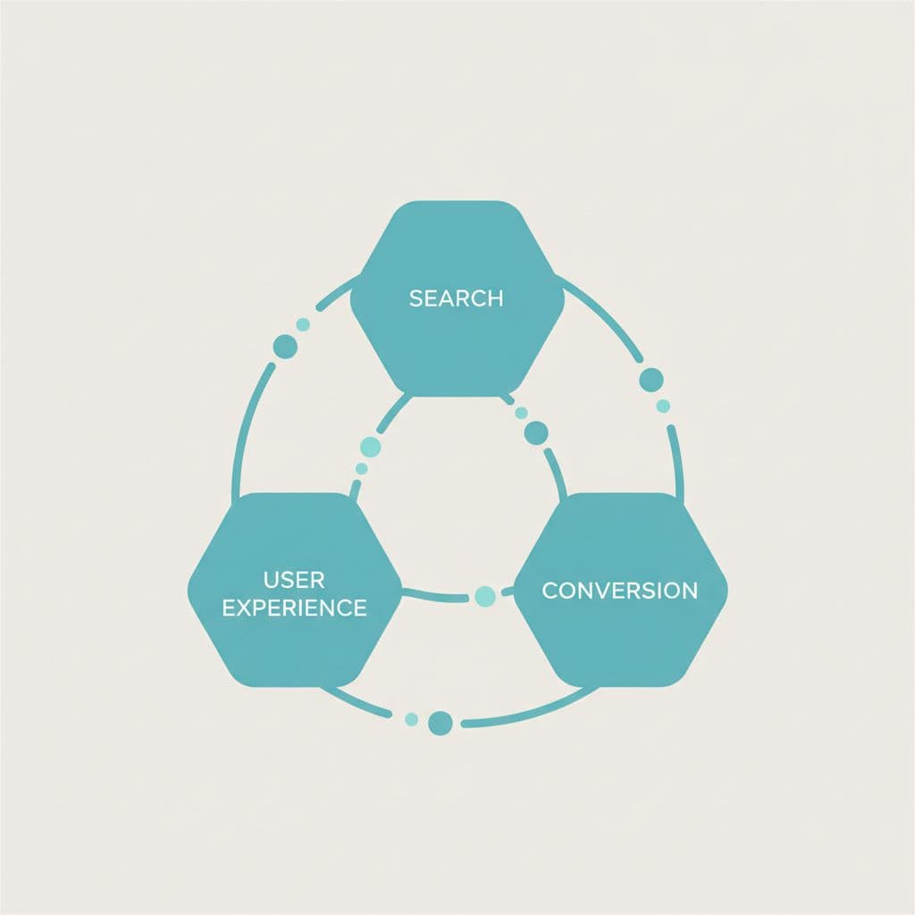 Minimalist blue nodes and lines connect to represent search, user experience, and conversion metrics.