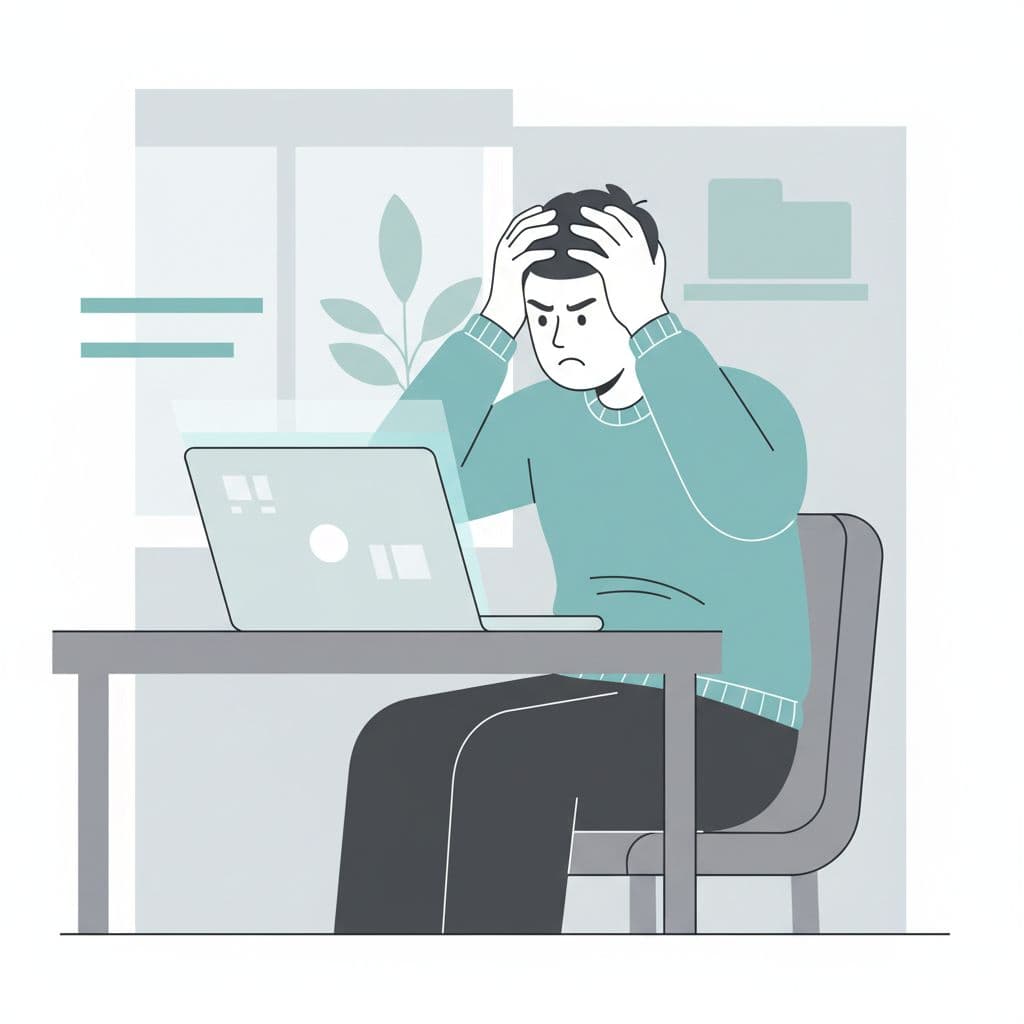 A person holds their head in confusion while looking at a laptop in a modern workspace.